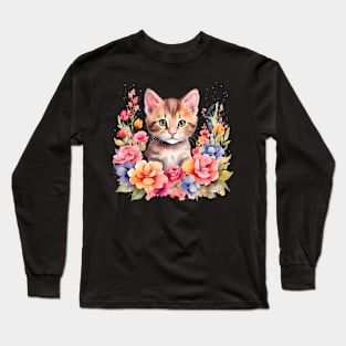 A cat decorated with beautiful watercolor flowers Long Sleeve T-Shirt